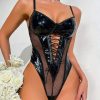 Verführerischer Schnür Vorderseite Kontrast-Fishnet Teddy Bodysuit in Schwarz – Bild 2